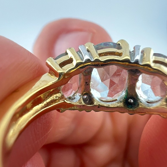Vintage Gold Tone Three Stone Oval Cut Cocktail Ring Size 8 about 7.75 Costume - Picture 5 of 6